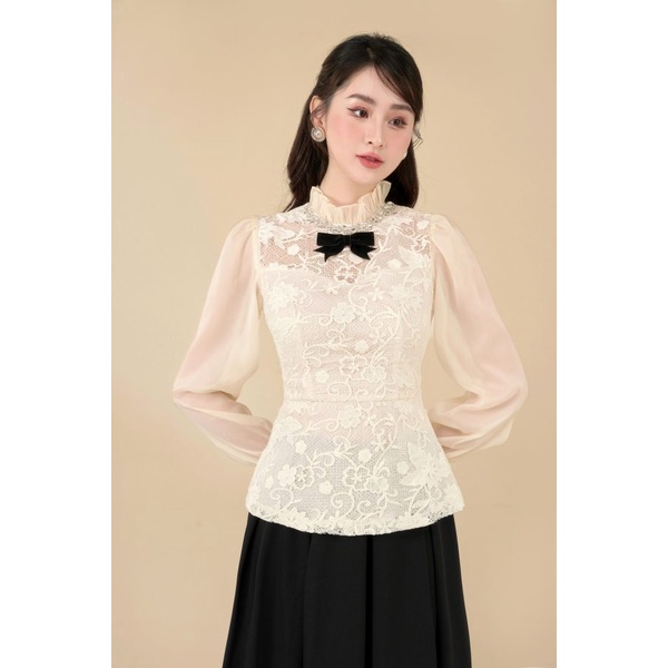 Áo Kiểu Nữ Ren Đính Viền Đá Kèm Nơ Đen, Thiết Kế MOO Design - ARMD24