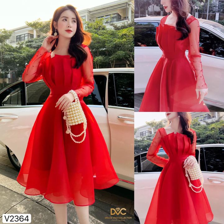 Váy Đỏ Cúp Ngực Tay Lưới Đính Ngọc - 2364