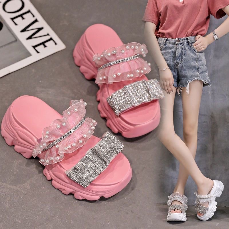 Dép đế bánh mì cao 7cm quai ren