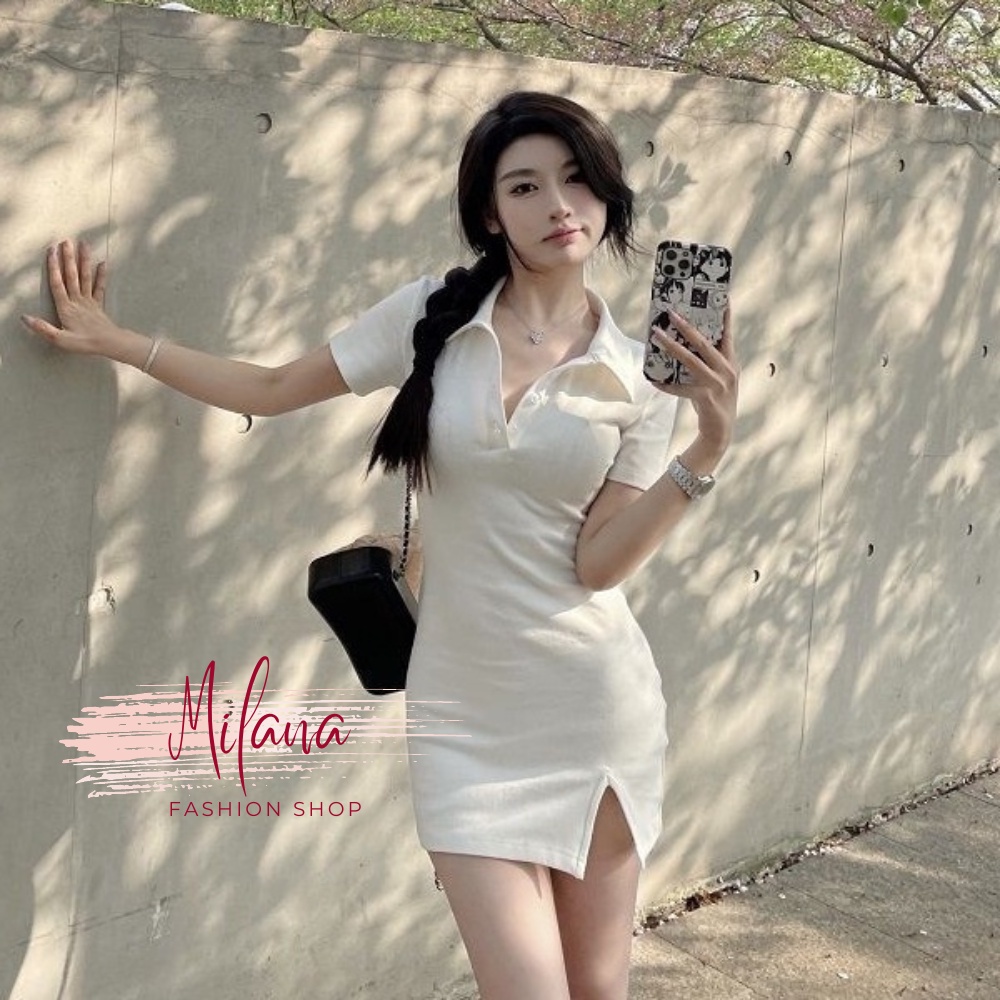 Đầm polo, váy polo nữ xẻ đùi ôm body màu đen màu trắng sexy gợi cảm chất thun gân cao cấp dự tiệc sang trọng Milana