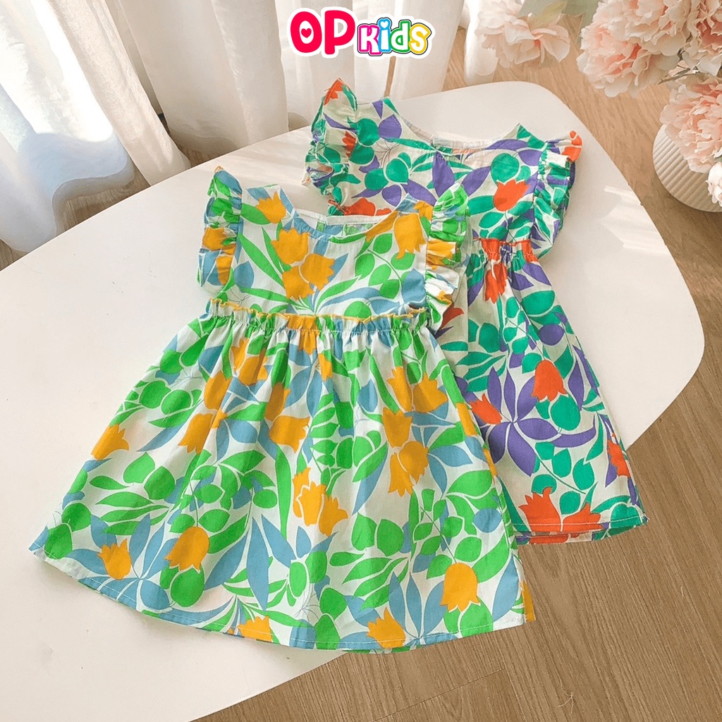 Đầm ngắn tay Hawaii OP KIDS, Váy cho bé gái HOA BÈO EO sát nách mùa hè cho bé size từ 8 - 26kg, chất thô Cotton mát mẻ