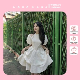 Váy xốp gấm cổ yếm 2 tầng dáng xòe màu trắng ngochana ha13