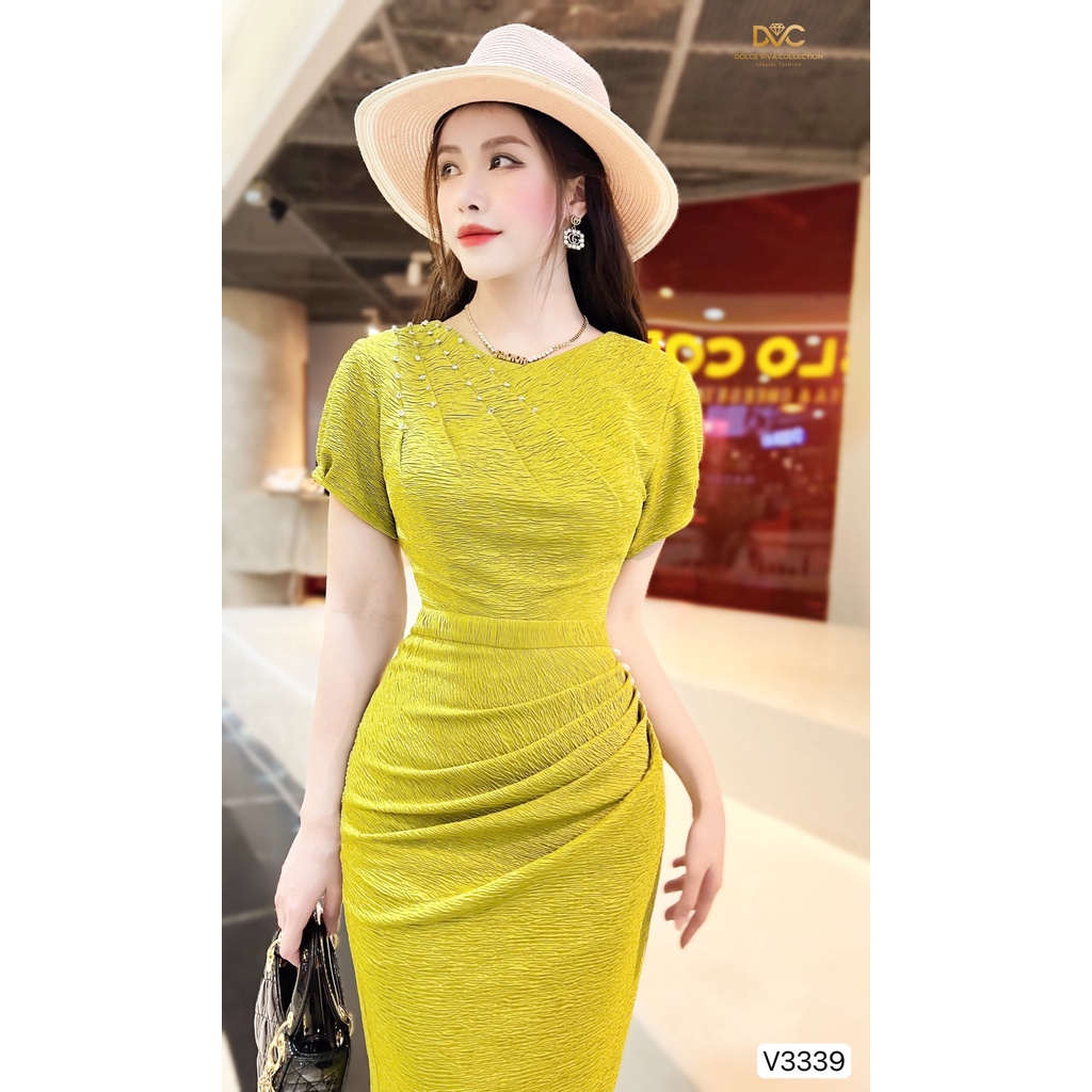 Váy Body Màu Xanh Cốm Nhún Eo 3339 - Váy Thiết Kế - DVC DOLCE VIVA COLLECTION