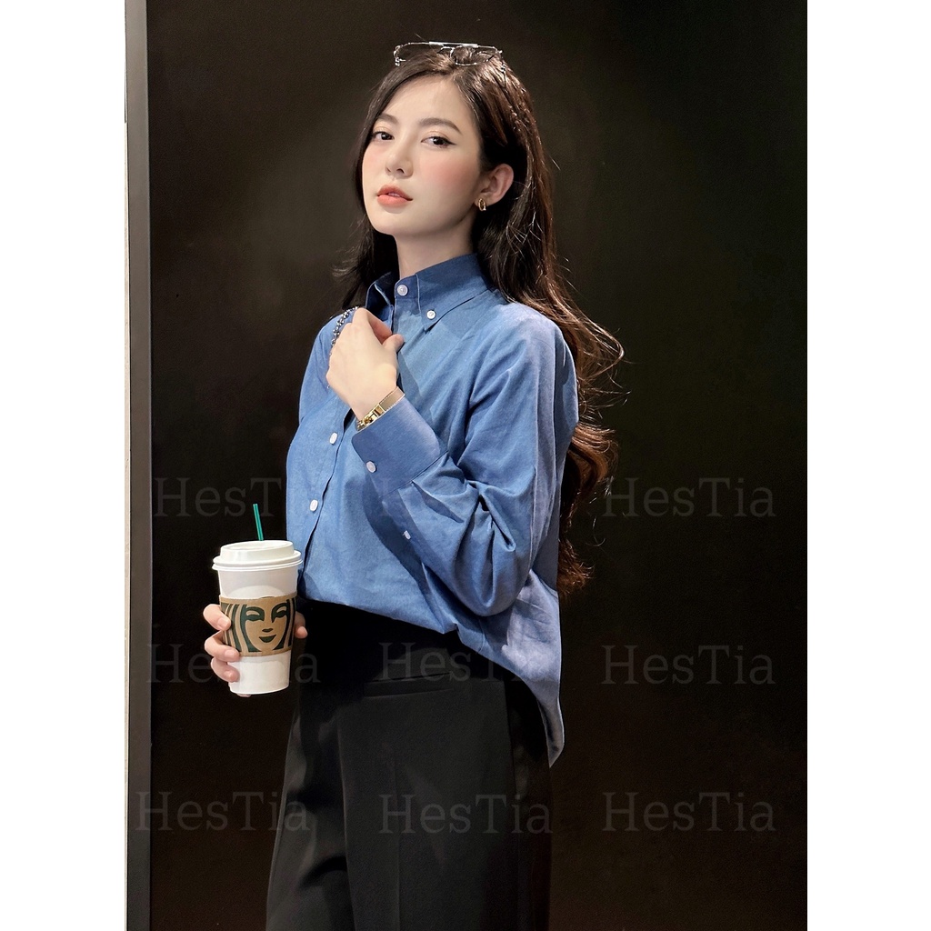 Áo Somi Denim form suông, cúc cổ Button Down thiết kế bởi HesTia
