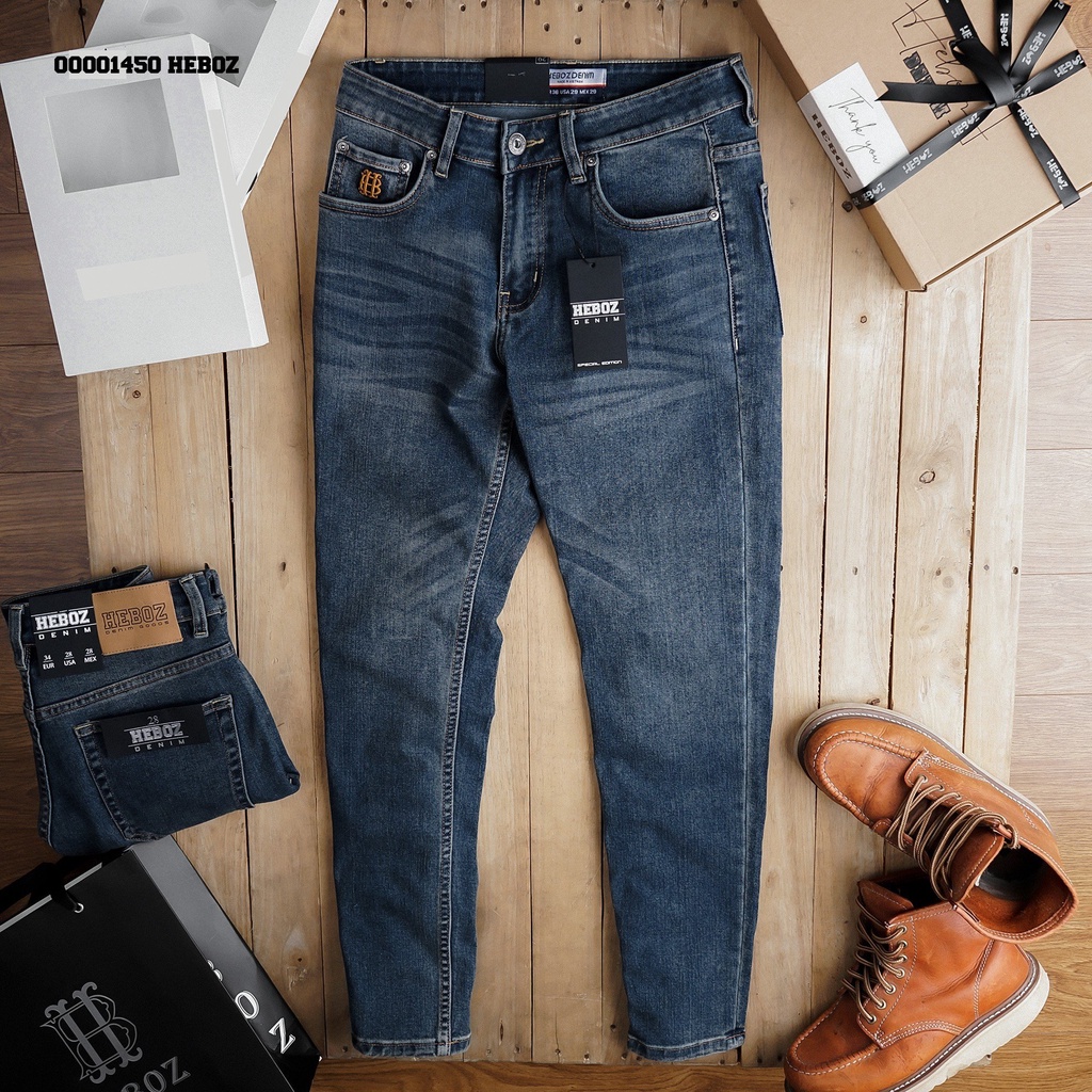 Quần jean xanh wash basic logo thêu 3 Heboz, chất denim mềm co giãn tốt form slimfit - 00001450