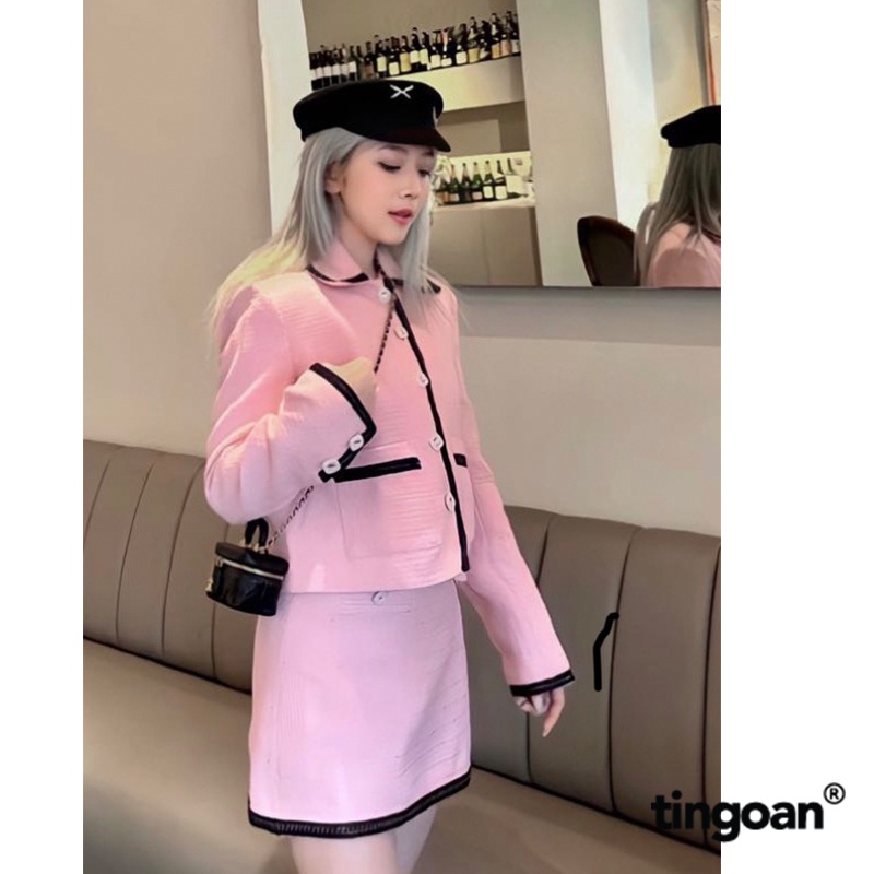 TINGOAN® - Áo khoác tweed hồng cổ bẻ bện xích viền áo CRYSTAL LADY JACKET/PK