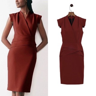 Đầm cổ v xếp li eo gam màu cam đất cực tây