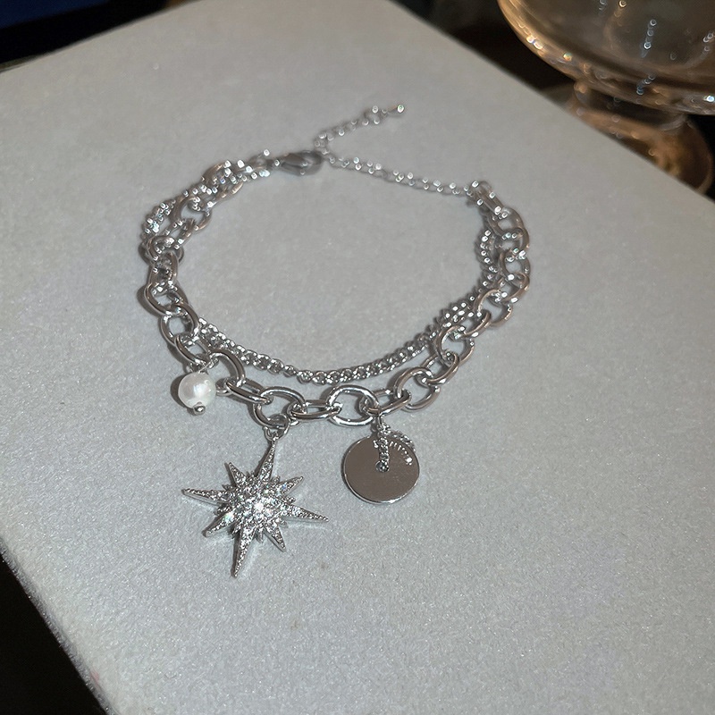 Vòng Tay Ngọc Trai Hai Lớp Bằng Kim Loại Màu Bạc Phong Cách hip hop Thời Trang Chất Lượng Cao Cho Nữ