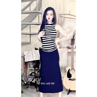 set cổ lọ sọc phối chân váy đuôi cá