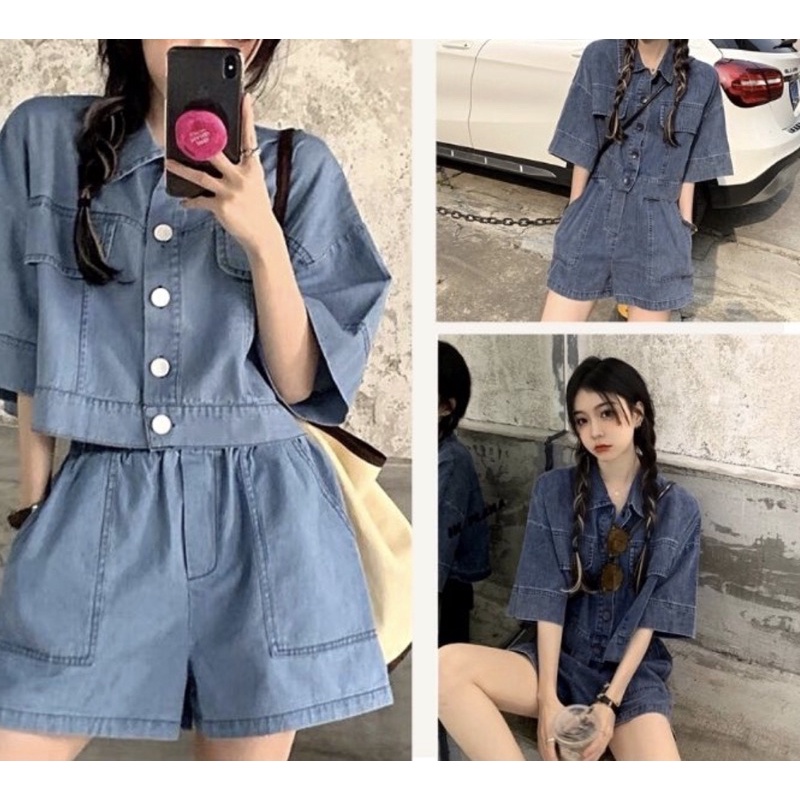 Sét áo bò croptop kèm quần short cạp chun- sơ mi jean ngắn tay lỡ 2 màu xanh đậm nhạt phong cách ulzzang hàn quốc