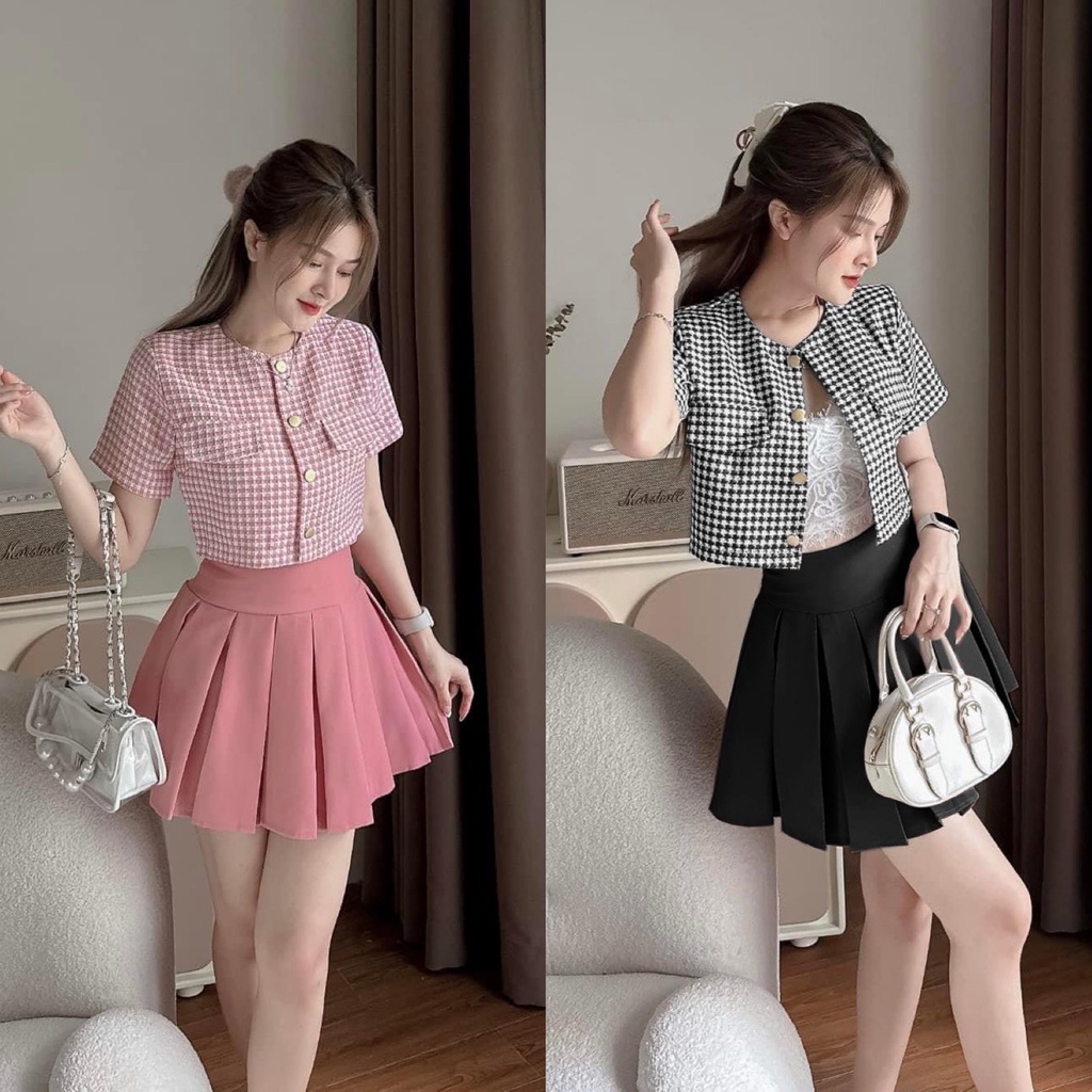 Set bộ áo dạ croptop tay ngắn cổ tròn form croptop và chân váy ngắn xếp ly cạp cao Bigsize Kim Ngân từ 50kg đến 100kg