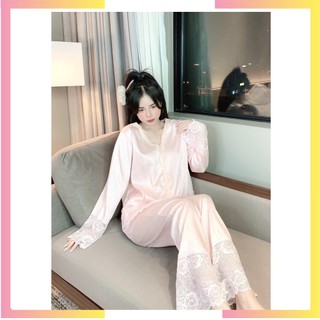 Pyjama,đồ ngủ tiểu thư, đồ bộ tay dài phối ren chất lụa hết chỗ chê Freesize.