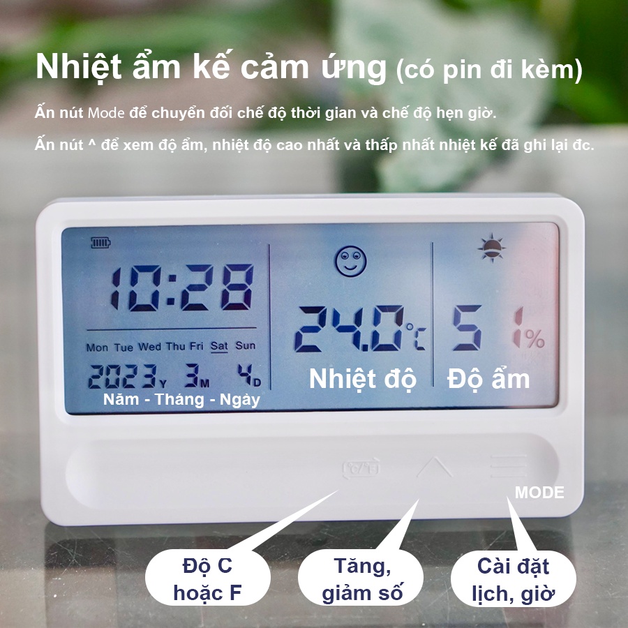 Nhiệt Ẩm Kế Điện Tử 5 IN 1 Cảm Ứng Đo Nhiệt Độ Và Độ Ẩm Phòng Ngủ Chính Xác Cho Bé