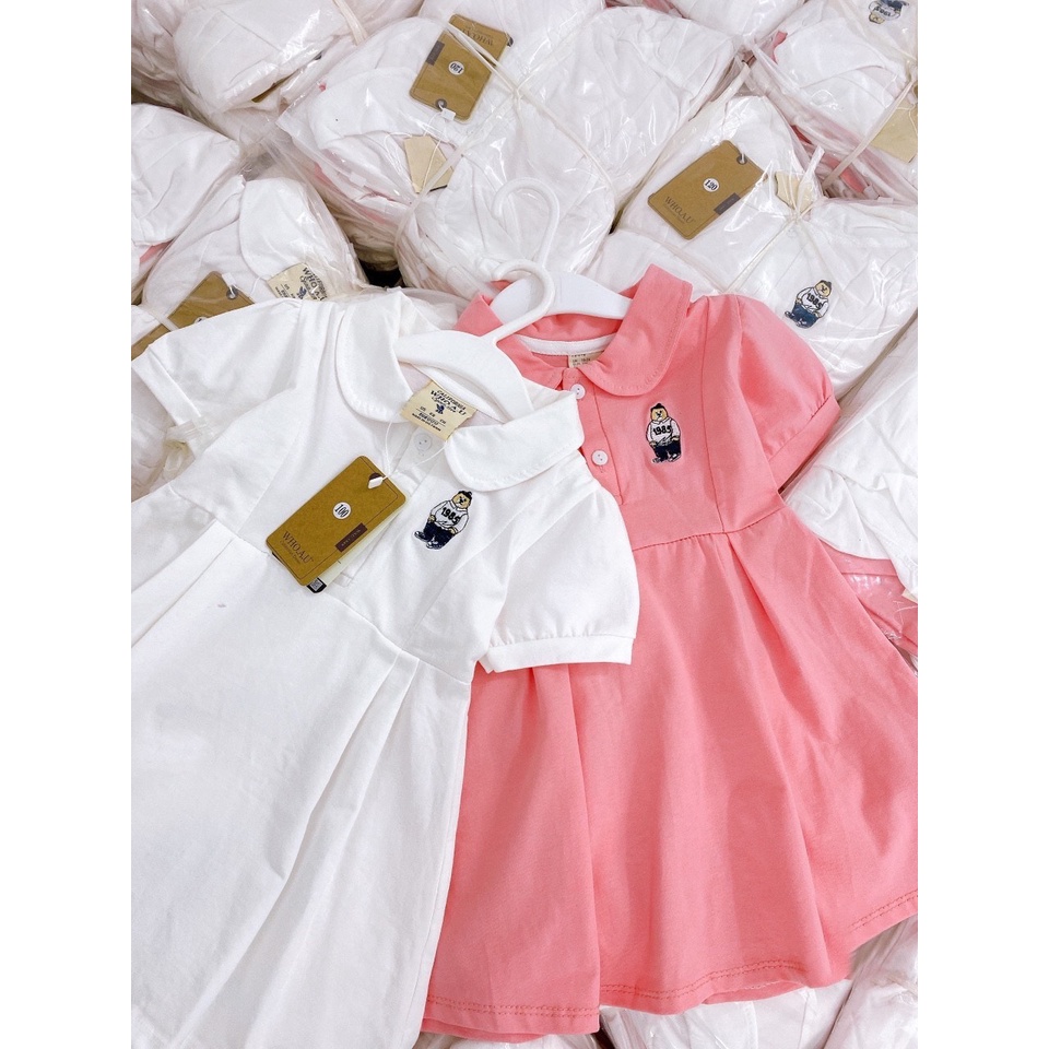 BÁN SỈ SET 2 VÁY BÉ GÁI CỔ SEN TRẮNG HỒNG THÊU GẤU