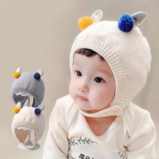 Nón len dệt kim 2 quả bông tai cho bé sơ sinh