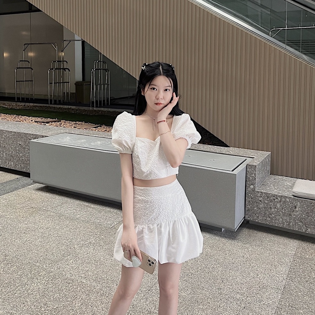 Set áo tay bồng cổ vuông chân váy bồng xoè sang chảnh đáng yêu thiết kế Bonheur Karina Set