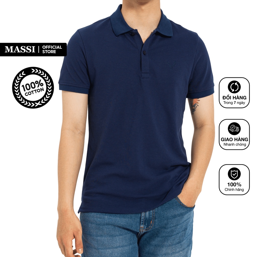 Áo Polo nam Massi 11 màu xanh navy trơn logo thêu chất liệu vải co giãn