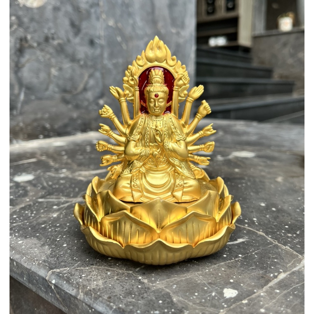 Tượng Phật Bà Quan Âm Nghìn Tay Hai Mặt Trang Trí Taplo Xe Hơi, Bàn Làm Việc Mạ Vàng