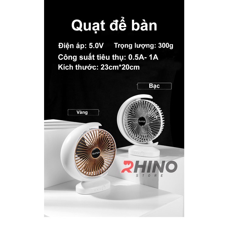 Quạt để bàn văn phòng mini Rhino F101 tích điện 3 mức độ gió hình bán nguyệt