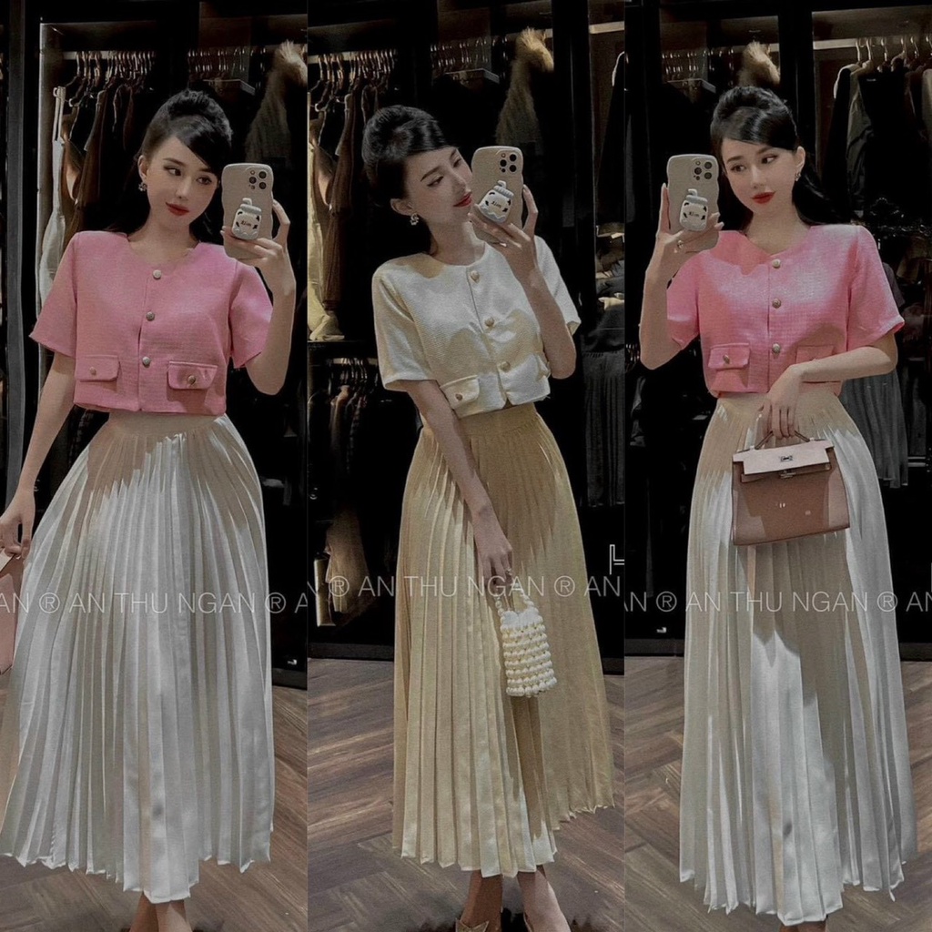 Set đầm váy nữ áo croptop tay ngắn mix cùng chân váy xếp ly dài tiểu thư, phong cách dành cho các nàng đi tiệc, đi chơi.