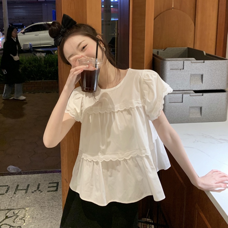 Áo sơ mi nữ cổ tròn tay ngắn phối viền sóng điệu đà, sơ mi nữ form rộng babydoll dễ thương 1620