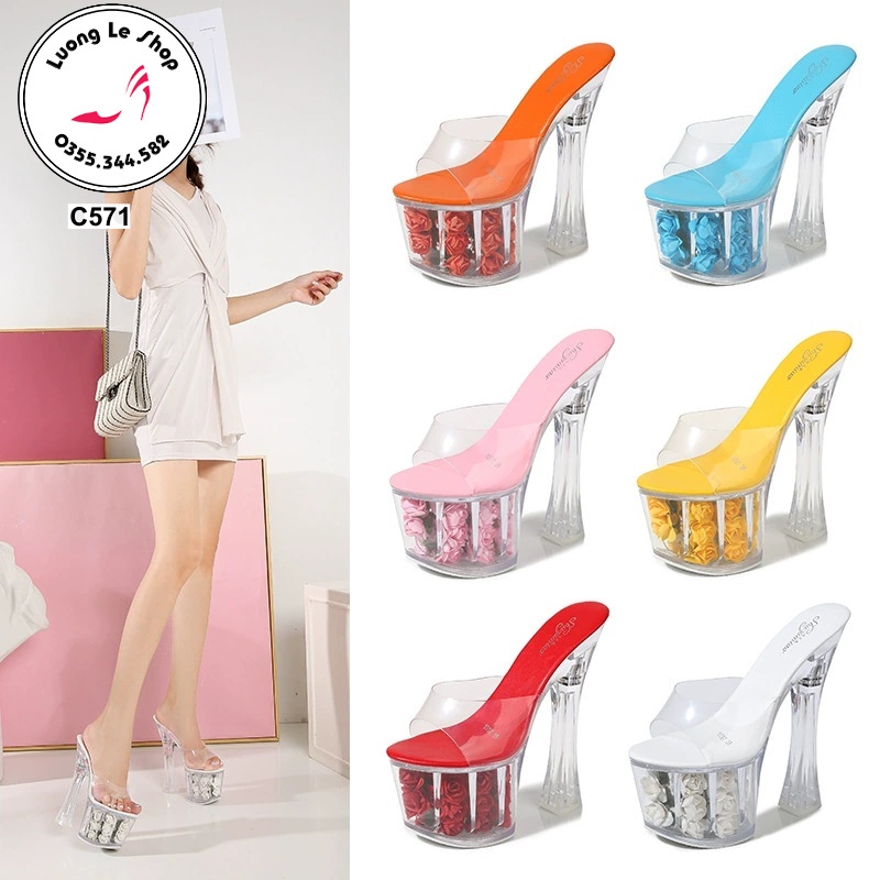 Giày cao gót 17cm đế trong quai trong đế gắn hoa hồng không quai hậu nhiều màu C571