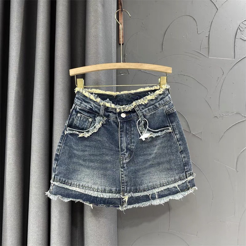 Chân váy jeans tua viền hàng quảng châu loại 1, váy bò ngắn chữ A hàng đẹp | BigBuy360 - bigbuy360.vn