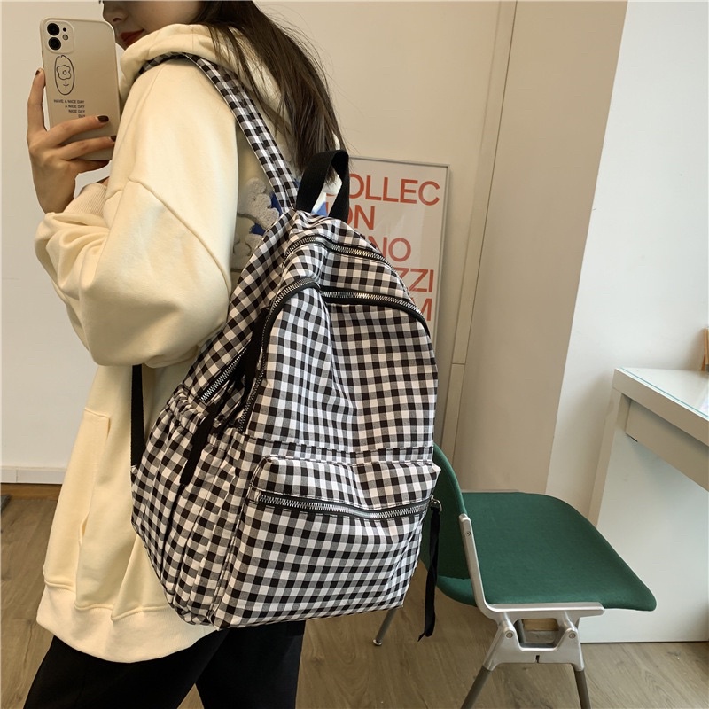 Balo Caro Kẻ Đen Trắng Khoá Kim Loại Kiểu Dáng Đơn Giản Balo Đi Học Unisex Basic ZicZac