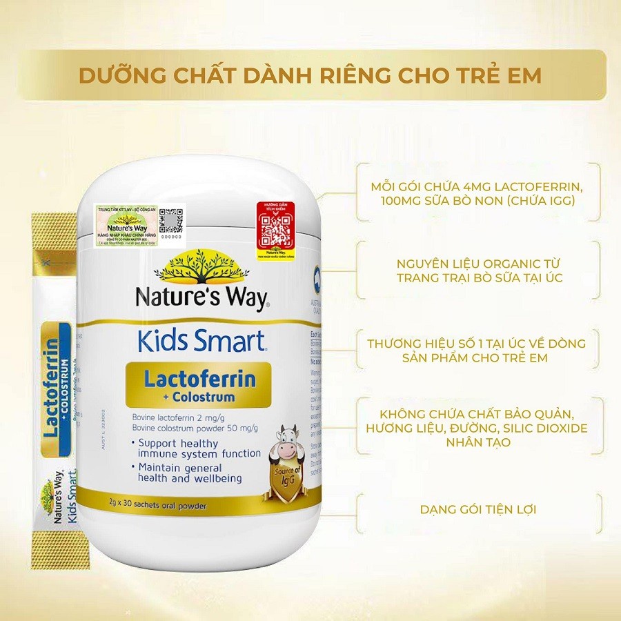 Sữa Bột Nature’s Way Kids Smart Lactoferrin + Colostrum Hỗ Trợ Tăng Cường Đề Kháng, Miễn Dịch Cho Bé 30 Gói (2g/gói)