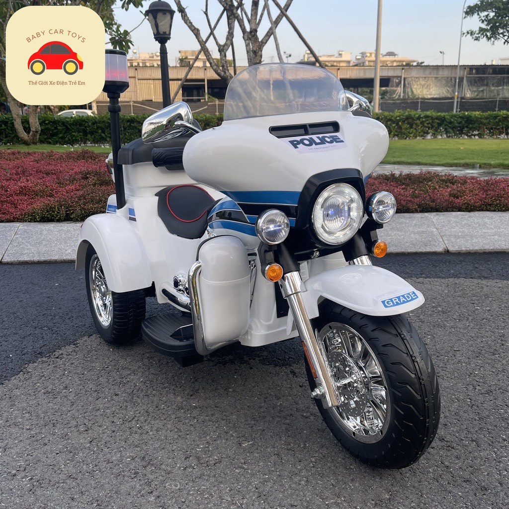 Xe máy điện cảnh sát POLICE có còi hú,khóa điện, bộ đàm, nệm ghế da cao cấp (Trắng-Đỏ)