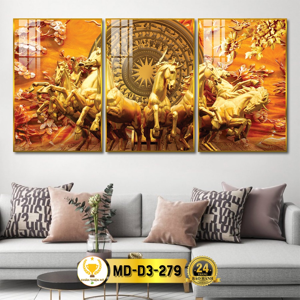 Tranh Treo Tường Decor Bộ 3 Mã Đáo Thành Công Tráng Gương CHÂN THIỆN MỸ, Quà Khai Trương,Trang Trí Phòng Khách MD-D3-279