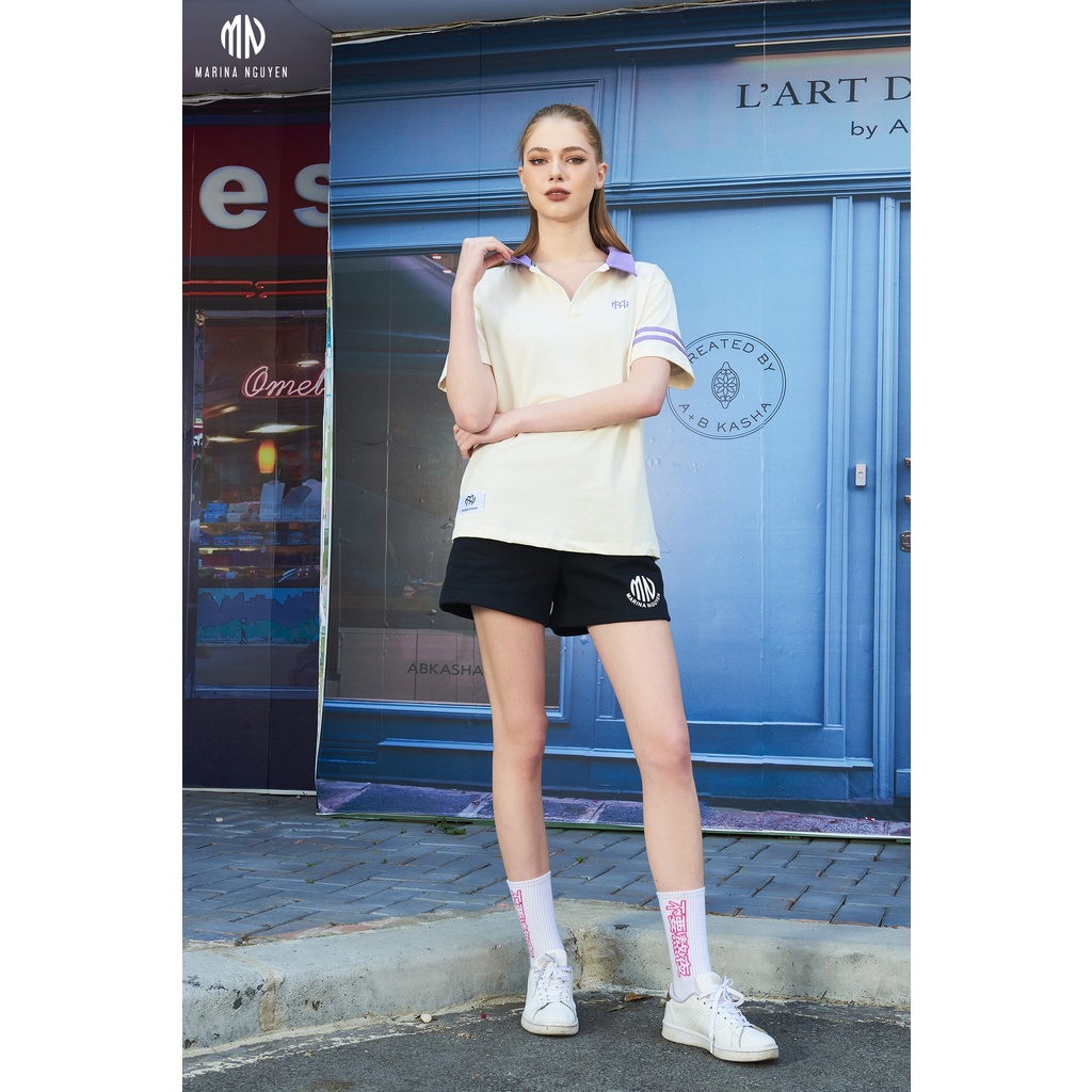 Áo phông hè thời trang MARINA NGUYỄN Thiết Kế Cổ bẻ, phối cổ và tay áo, Vải cotton 123-014