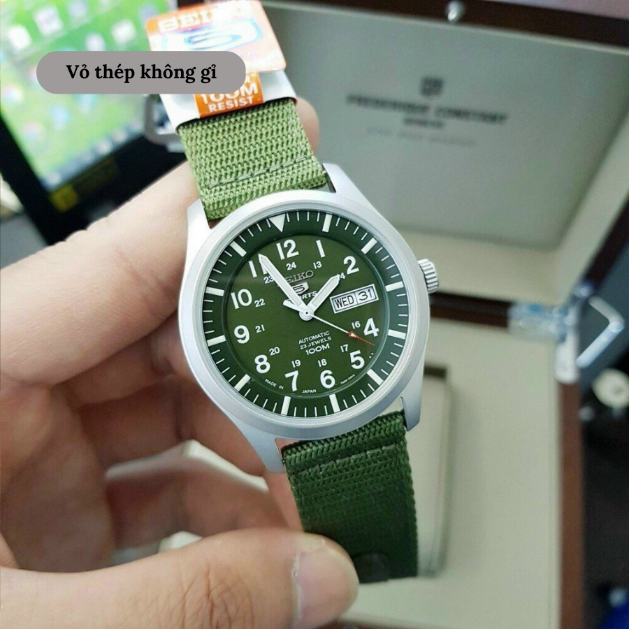 Đồng hồ cơ nam Seiko 5 SNZG09K1 mặt kính Hardlex Crystal chống xước, chống nước 10 ATM, dây dù đeo tay cao cấp