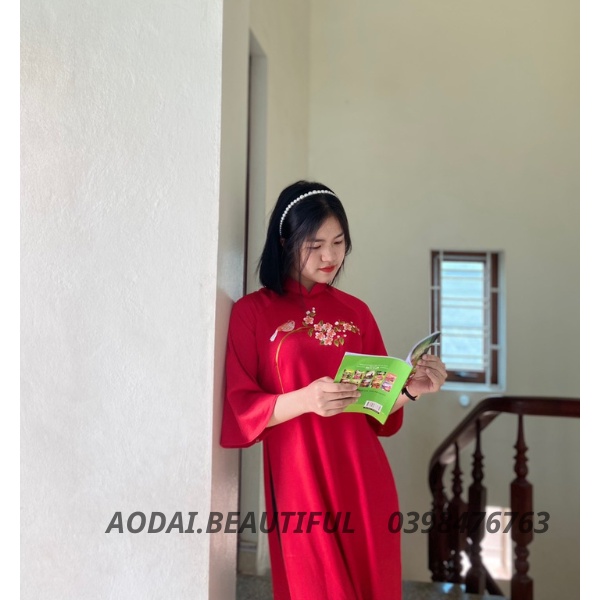 Áo dài cách tần xuông thêu chim hoa ,áo dài "NỮ NHI" tay lỡ màu đỏ tươi xinh xỉu luôn -THAO.AODAI