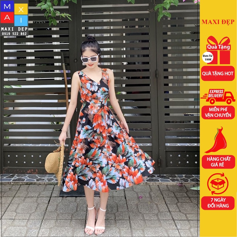 Đầm Maxi Lanh Cao Cấp Kiếu Dáng Sát Nách Hoa Đỏ Cam Fullsize Chất Mát, Dễ Chịu