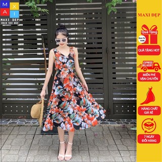 Đầm Maxi Lanh Cao Cấp Kiếu Dáng Sát Nách Hoa Đỏ Cam Fullsize Chất Mát Dễ Chịu