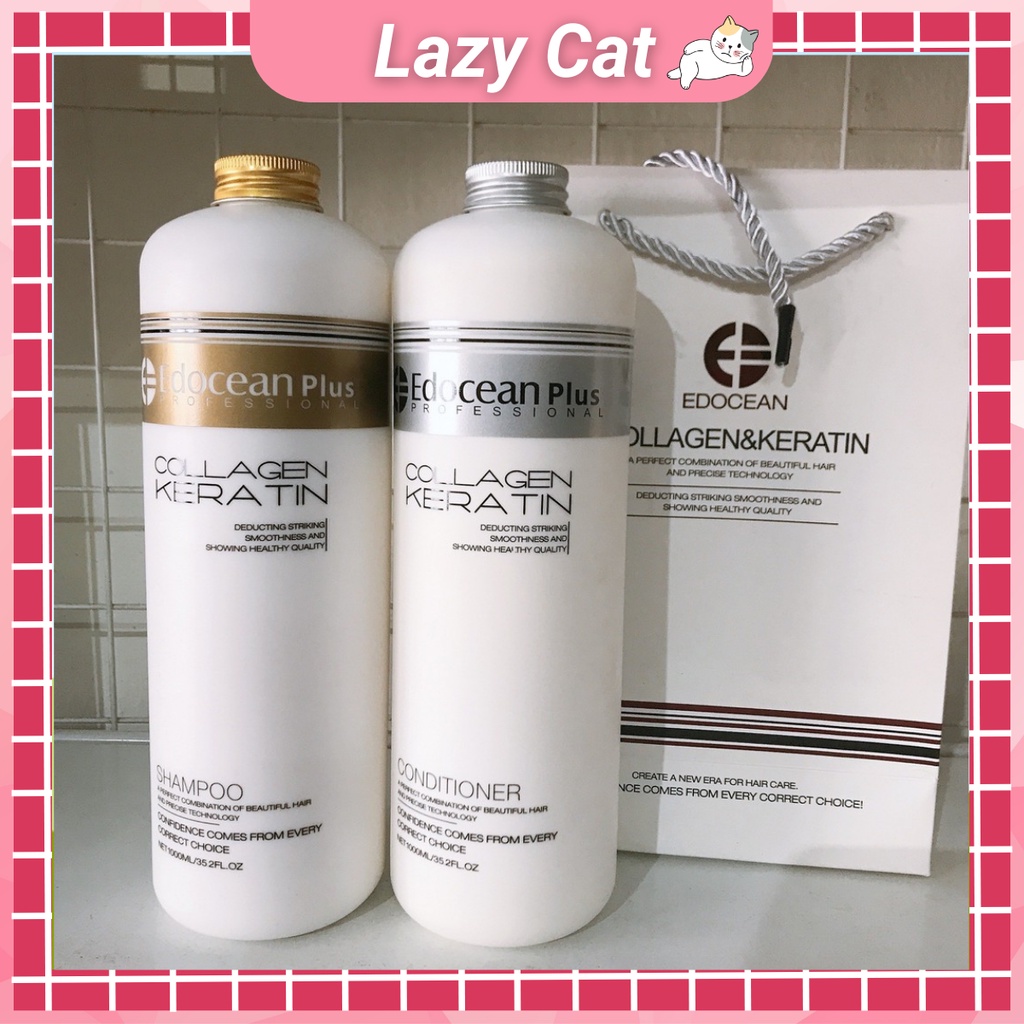 Cặp dầu gội xả Edocean Plus Collagen 1000ml. Phục hồi tóc khô xơ hư tổn nặng, giảm rụng và nhanh mọc tóc