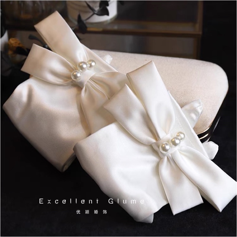 Găng tay thun satin nơ kép đính ngọc bao tay cô dâu