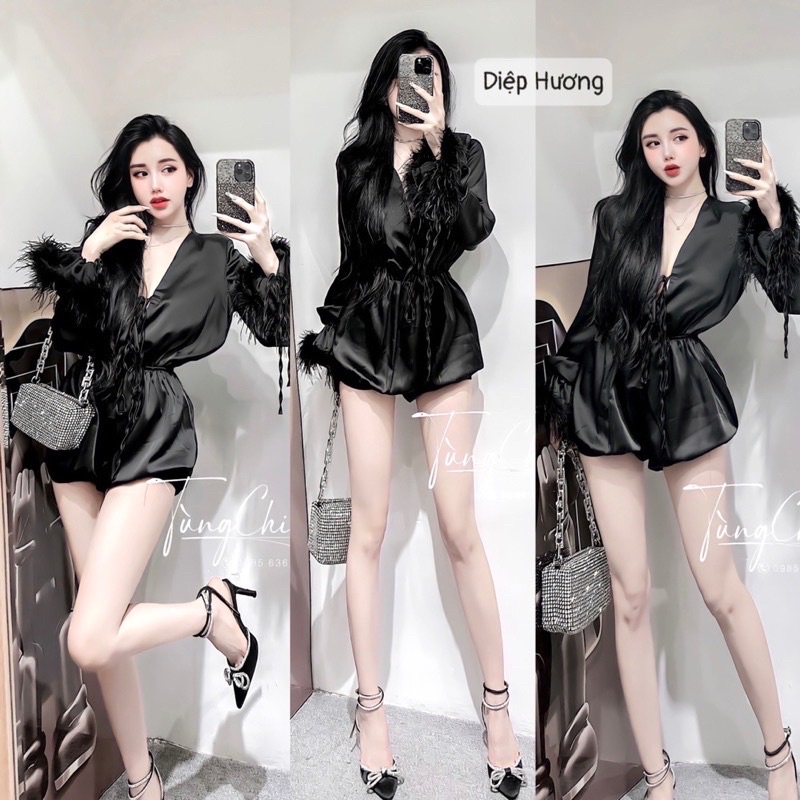 Jumpsuit lụa dây buộc kèm tay lông dạo phố sang chảnh | BigBuy360 - bigbuy360.vn