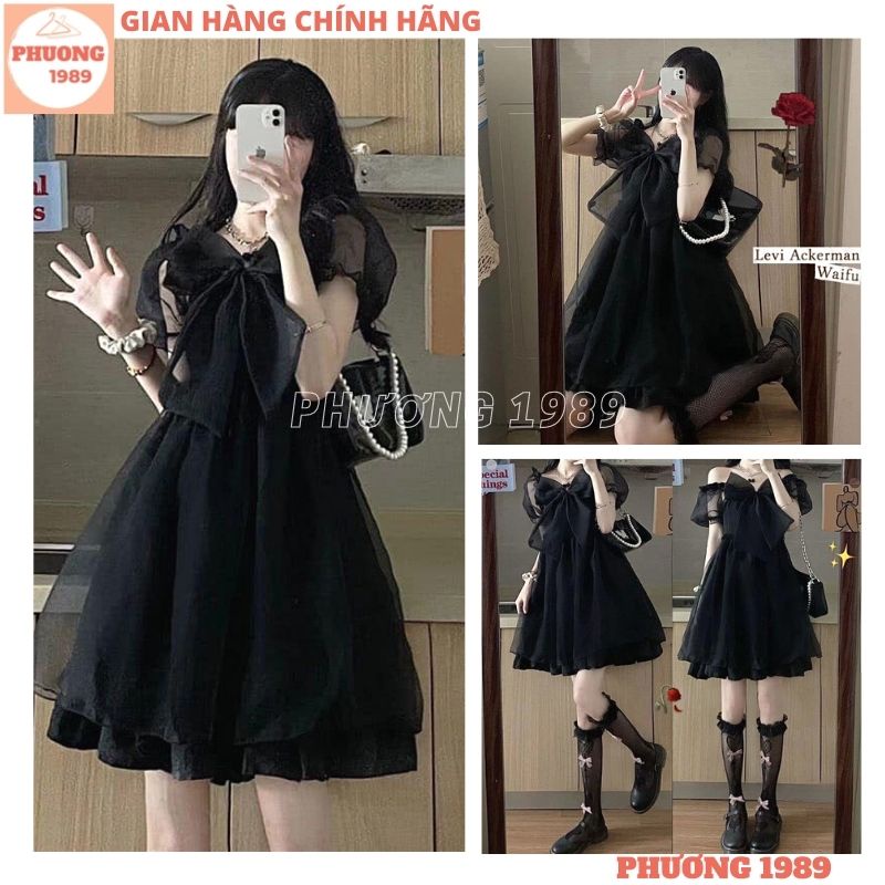 Váy voan tơ trễ vai nơ đen công chúa tiểu thư sang chảnh, Đầm lolit voan bánh bèo 2 lớp bồng bềnh mặc được 2 kiểu - 1989