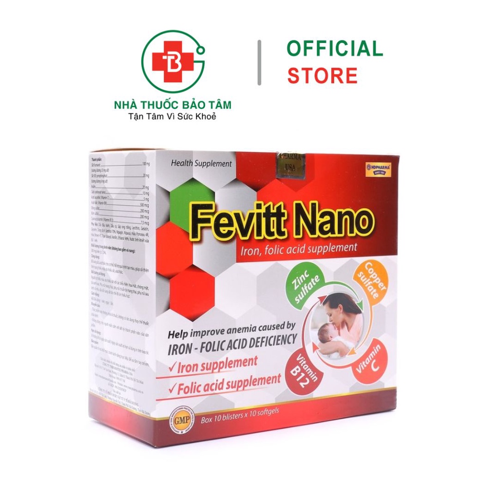 Fevitt Nano HDPHARMA bổ máu, bổ sung Sắt hữu cơ, Acid Folic - 100 viên [Fevitt Nano 3 mắt 100 viên]