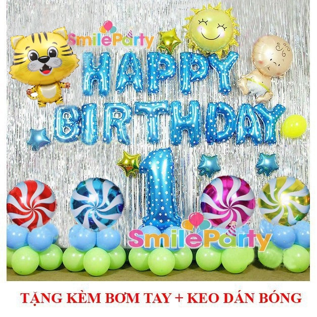 Set Bóng Sinh Nhật Bé Hổ/Chuột/Heo/Cún 1 Tuổi/ 2 Tuổi (Kèm bơm+băng keo dính bóng)