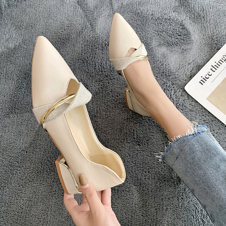 Giày đế thấp nữ 2 cm mũi nhọn gót vuông dây quai cuốn cách điệu nữ tính điệu đà đế chống trơn trượt