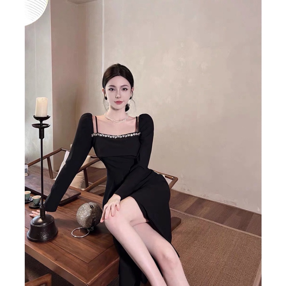 (Fom: <55kg) Maxa Cổ Vuông Viền Dá Xé Đùi Đầm Công Chúa,, Váy Công Chúa, Đầm Tiểu Thư JL55 | BigBuy360 - bigbuy360.vn
