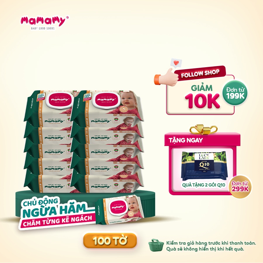 Combo 10 Khăn giấy ướt 100 tờ có nắp chủ động ngừa hăm/x2 chất ngừa hăm Mamamy Không mùi/Mùi dịu nhẹ an toàn cho bé