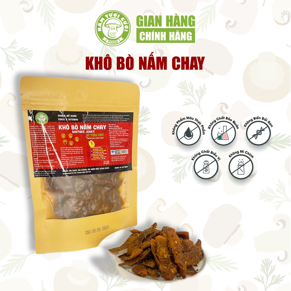 Khô Bò Nấm Chay Vị Tiêu Cay Nấm Tươi Cười 125gram, Thực Phẩm Chay Dùng Liền
