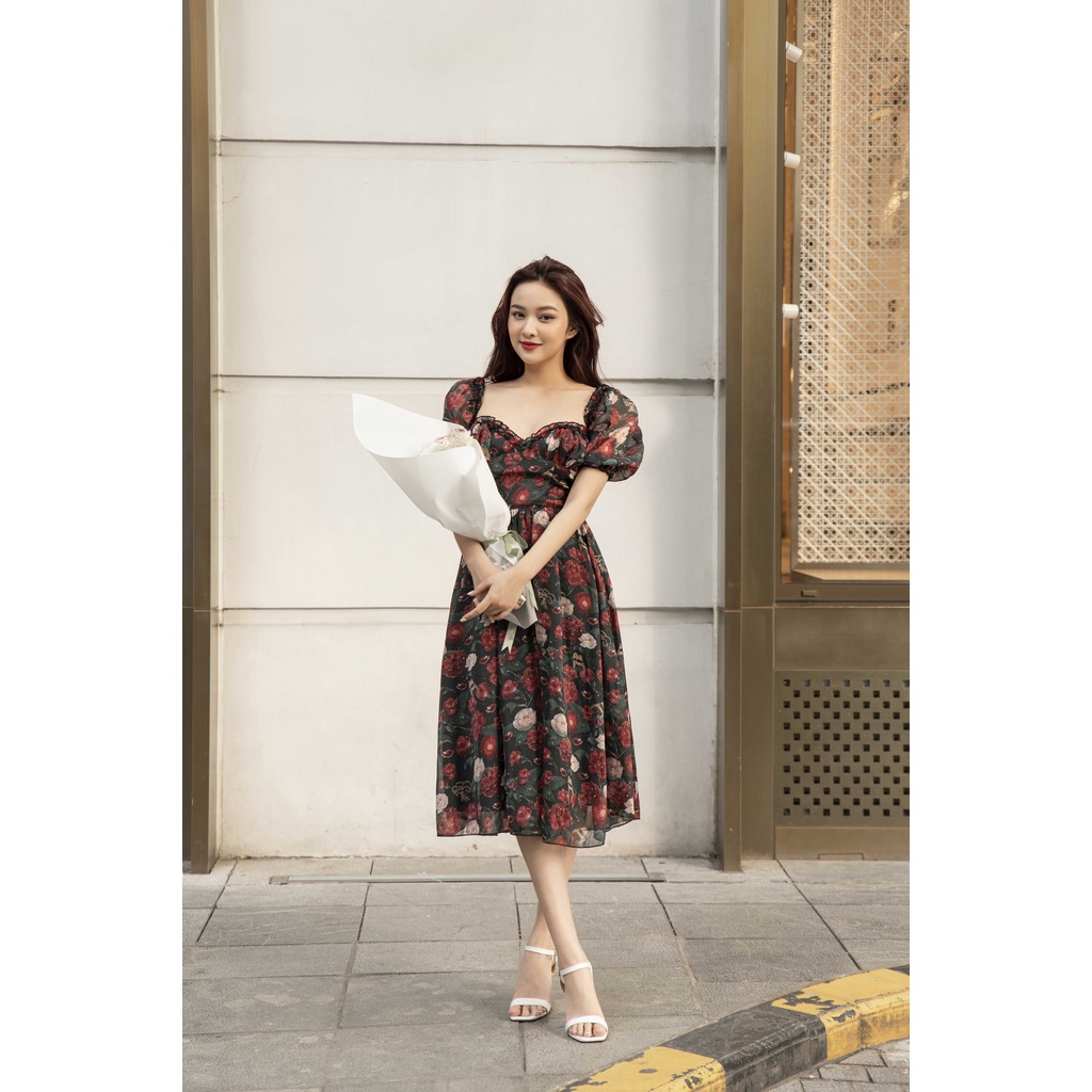 Váy nhún bèo chất liệu tơ in hoa The Peachy- Barbie Dress