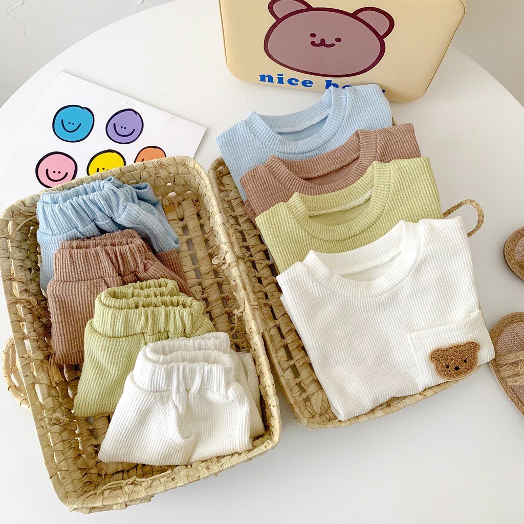 Bộ cộc tay cotton tăm lạnh thêu hình gấu dễ thương cho bé trai bé gái B02