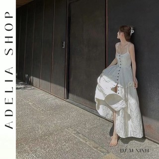「adelia」đầm 2 dây trắng dáng dài dh69 phối cúc đen cá tính dáng dài xòe, đầm trắng 2 dây đi biển quảng châu