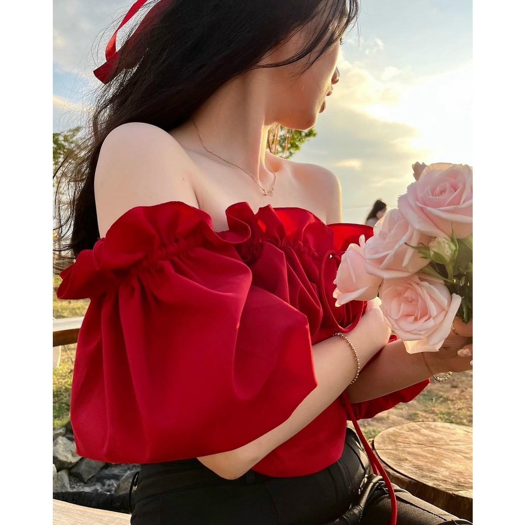 ÁO TRỄ VAI BÈO ĐỎ RƯỢU KHÔNG NGĂN KHÓA LƯNG QUYẾN RŨ, ÁO KIỂU NỮ  RUBY UTRRB